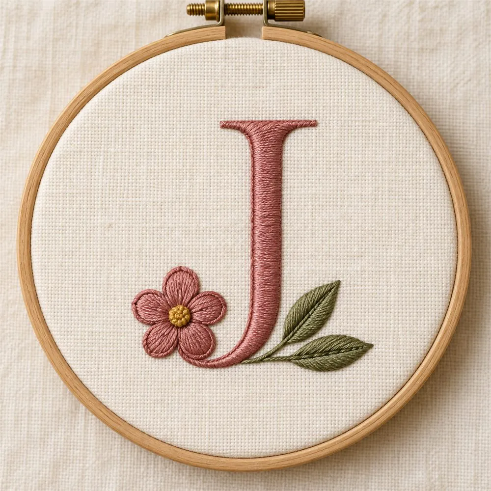 Letra J da apostila de alfabeto floral bordada