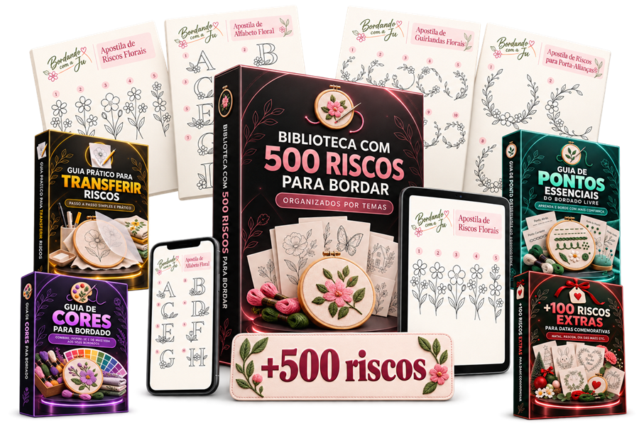 Mockup completo das apostilas da Biblioteca de 500 Riscos e materiais bônus