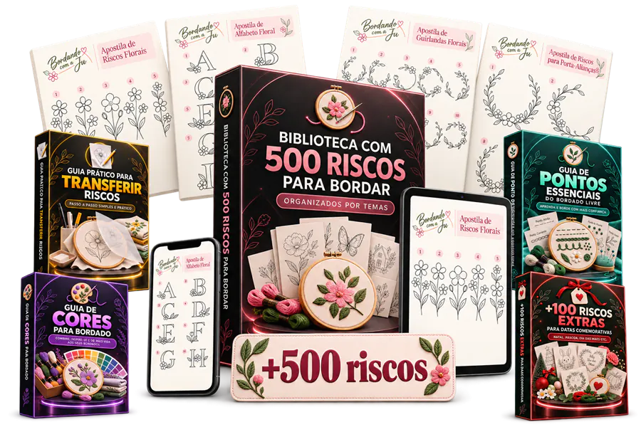 Mockup completo das apostilas da Biblioteca de 500 Riscos e materiais bônus